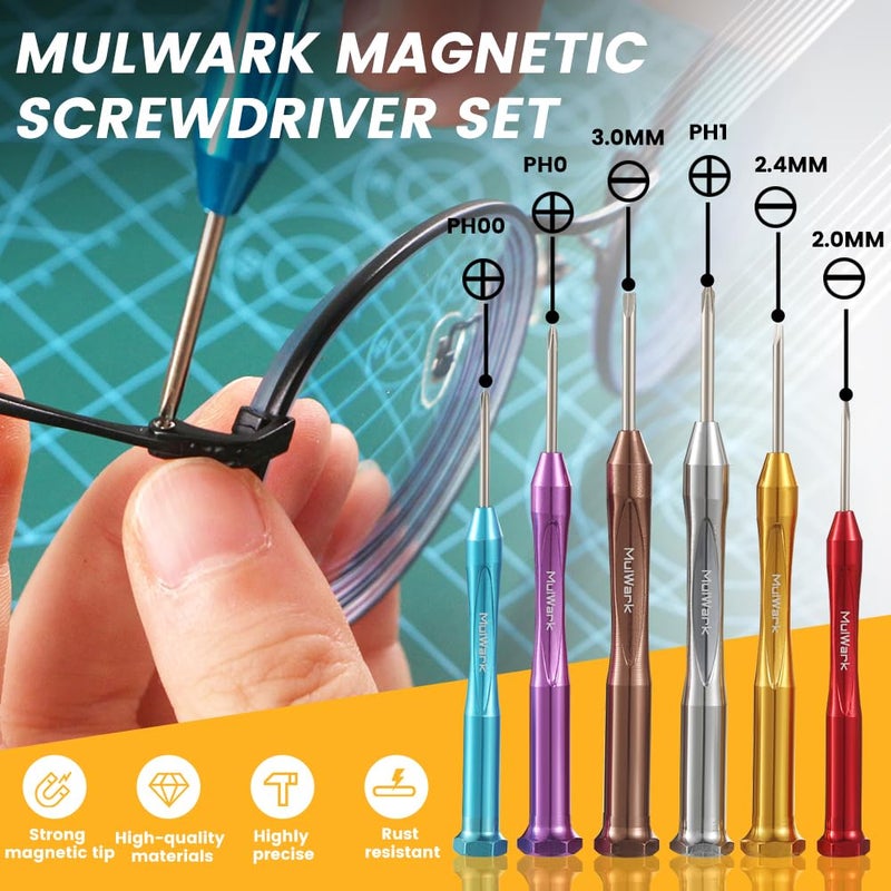 MULWARK مجموعة مفك براغي صغيرة من MULWARK مكونة من 6 قطع مفك براغي صغير مغناطيسي مجموعة مفك براغي صغير الدقة ومفك براغي نظارات فيليبس مع حافظة للنظارات والساعات والإلكترونيات والهاتف والكمبيوتر - Image 3